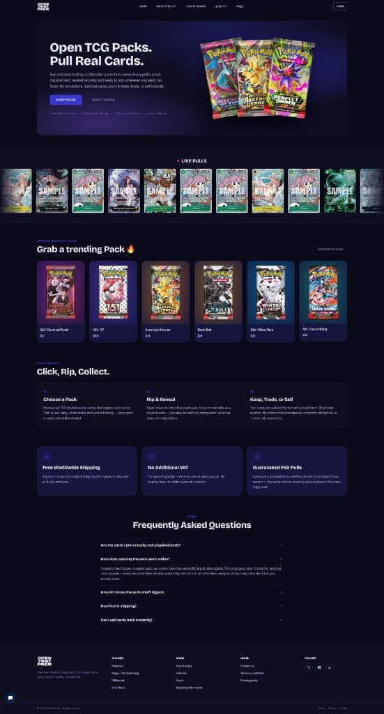 Trading card eCommerce platform with virtual pack opening and marketplace